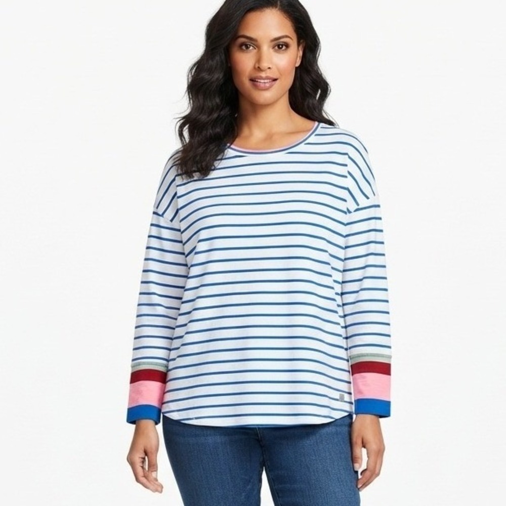 T by Talbots Top Blue White Striped Colorblock Cuff Long Sleeve - Large